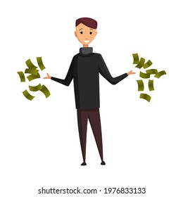  Cartoon Rich People. Happy Super Rich Successful Businessman With Huge Green Money Bills Pile. Very Rich Man Bathing In His Money, Happy Millionaire Magnate Male