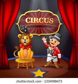 Cartoon Ringmaster And A Lion On The Circus Stage