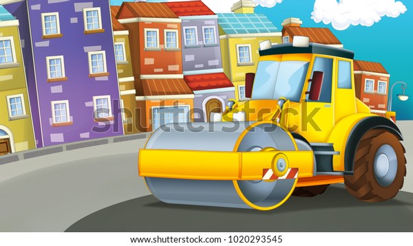Cartoon road roller truck in the city -\
illustration for\
children