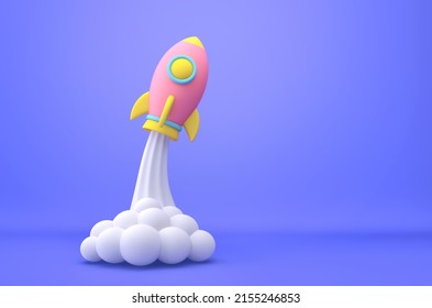 Cartoon Rocket Launch On Blue Background. Business Startup Concept. 3D Rendering