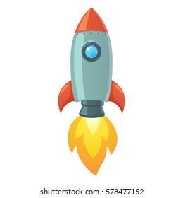 Cartoon Raketenraumschiff Start, einzelne Abbildung. Einfaches Retro-Raumschiff-Symbol.