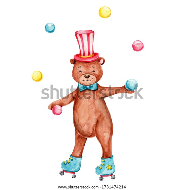 ボールをジャグリングする帽子に カートーンローラースケートの熊 水彩手描きのイラスト 白い背景に のイラスト素材