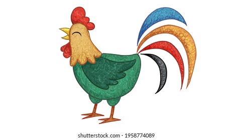 Cartoon Rooster Drawing. cute animal oil pastel drawing crayon doodle for children book illustration, poster, or wall painting.