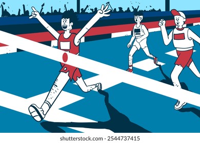 Cartoon runners crossing finish line, celebrating victory. Diverse athletes, race, competition. Excited expressions, dynamic poses, finish line triumph. - Powered by Shutterstock