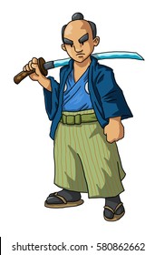 A Cartoon Samurai With Katana On His Shoulder