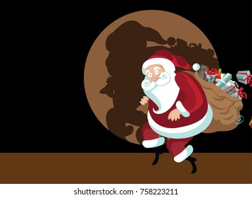 Cartoon Santa Claus Caught Red Handed In The Spotlight While Delivering Christmas Gifts. Secret Santa.