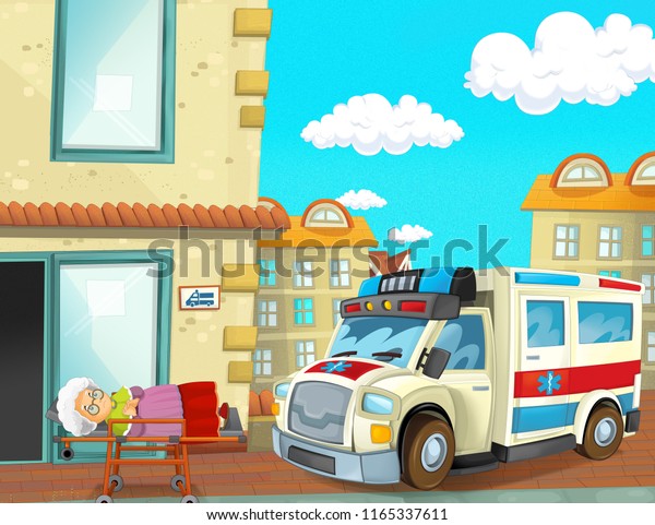 cartoon scene with ambulance and sick patient -\
illustration for\
children
