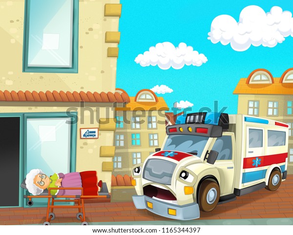 cartoon scene with ambulance and sick patient -\
illustration for\
children