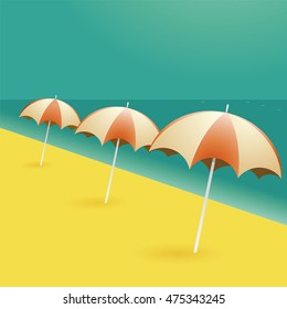 Cartoon scene with beach umbrellas by the seashore