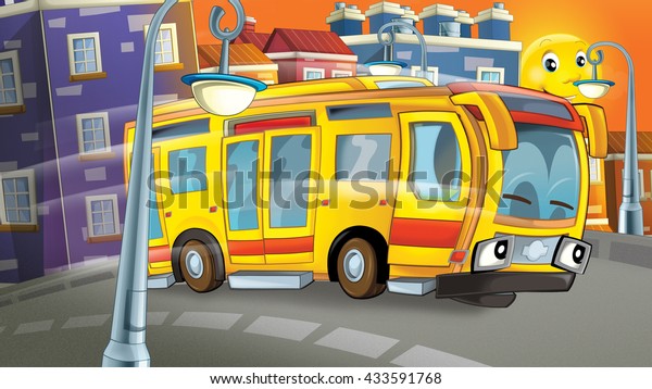 Cartoon scene of a bus driving through the city\
- illustration for\
children