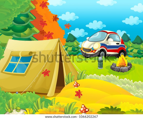Cartoon scene of camping in the forest -\
illustration for\
children