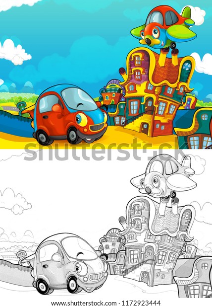cartoon scene\
with car and plane flying in the city - with artistic coloring page\
- illustration for\
children