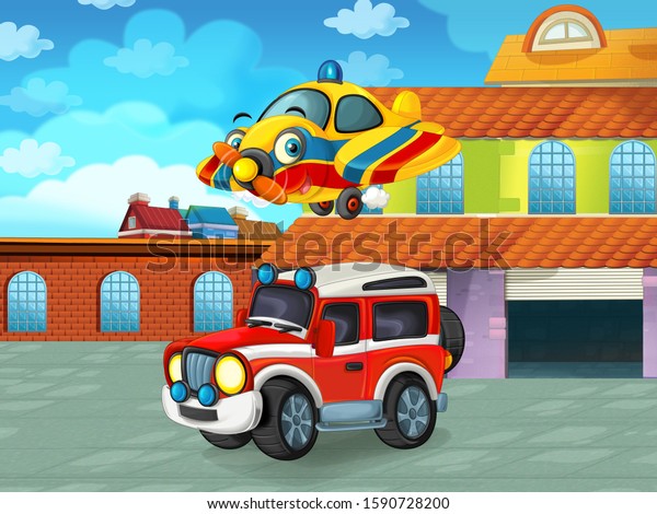 cartoon scene with\
car vehicle on the road near the garage or repair station -\
illustration for\
children
