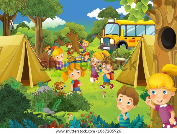 cartoon scene with children on school trip in\
the forest - illustration for\
children