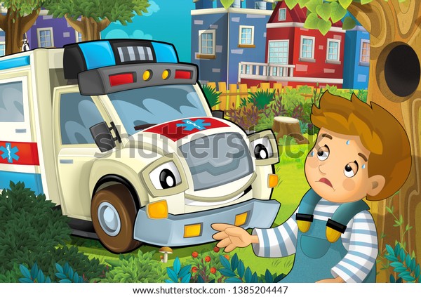 cartoon scene in the city with ambulance driving\
through the city to fire accident to help child in the park -\
illustration for\
children