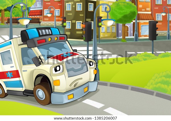cartoon scene in the city with
ambulance driving through the city - illustration for
children