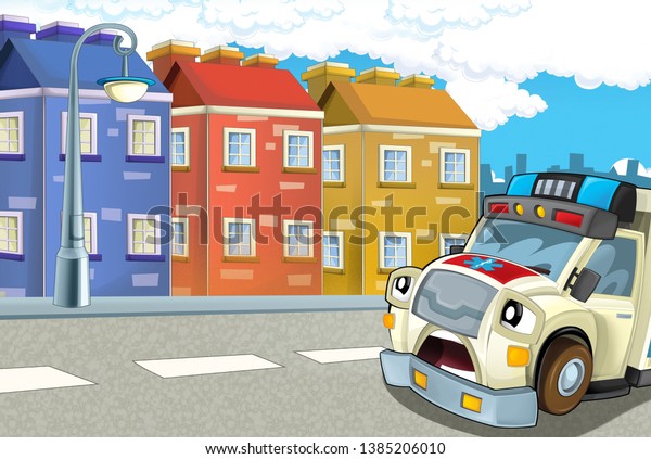 cartoon scene in the city with\
ambulance driving through the city - illustration for\
children