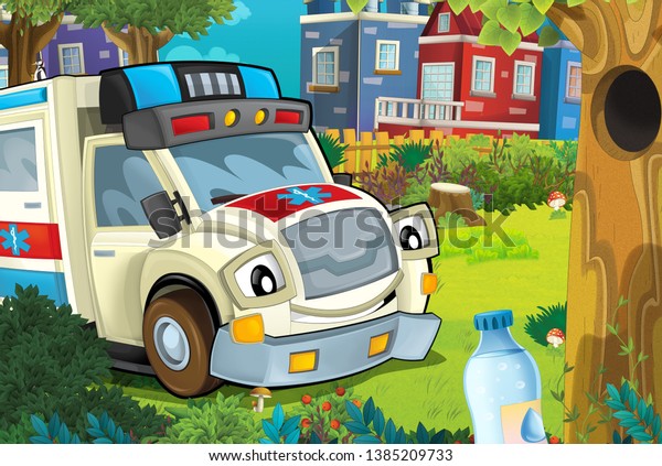 cartoon scene in the\
city with ambulance driving through the city to the park -\
illustration for\
children