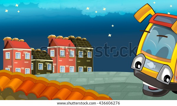 Cartoon scene of city by night - with a smiling\
bus - illustration for\
children