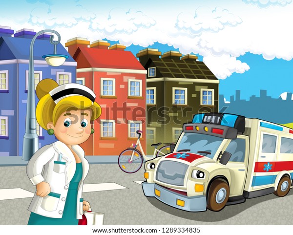 cartoon scene in the city with doctor car
happy ambulance - illustration for
children
