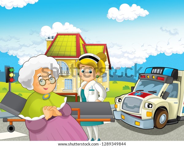 cartoon scene in the city with doctor car\
happy ambulance - illustration for\
children