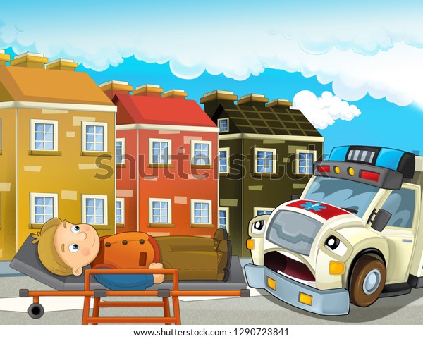 cartoon scene in\
the city with doctor car happy ambulance and man injured on\
stretcher - illustration for\
children