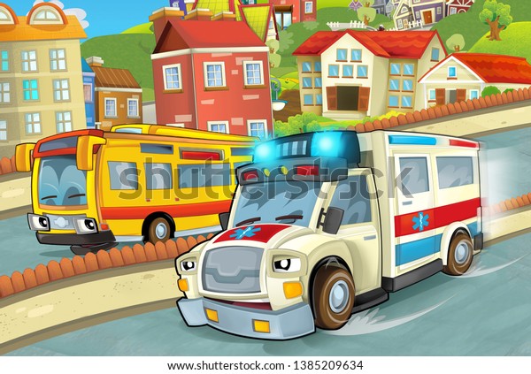 cartoon scene in the city with
happy ambulance driving through the city - illustration for
children
