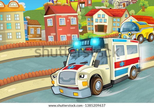cartoon scene in the city with\
happy ambulance driving through the city - illustration for\
children