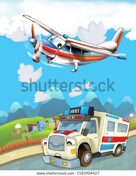 cartoon scene\
in the city with happy ambulance driving through the city and plane\
is flying - illustration for\
children