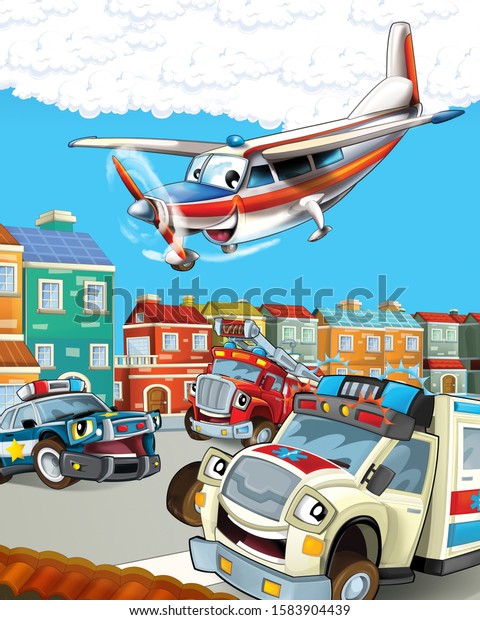 cartoon scene in the city with happy ambulance\
police and fireman driving through the city and plane is flying -\
illustration for\
children