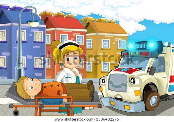 cartoon\
scene in the city with lady doctor and car happy ambulance and man\
injured on stretcher - illustration for\
children
