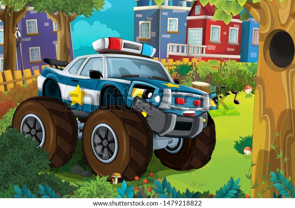 cartoon scene in\
the city with police car driving through the park patrolling -\
illustration for\
children