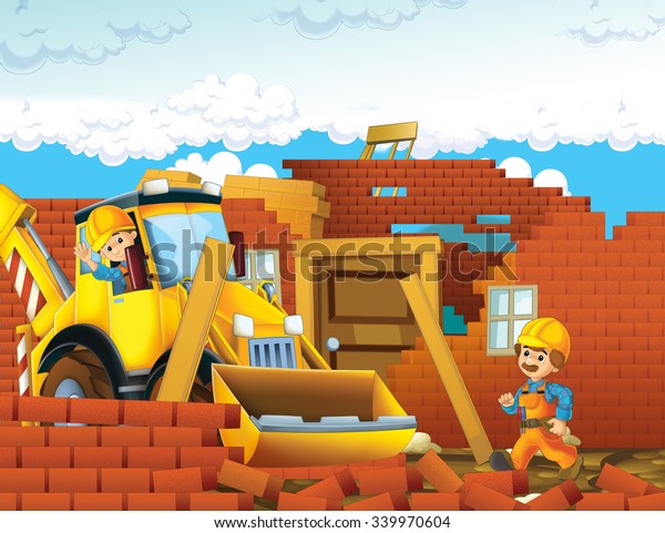 Cartoon scene with construction workers -\
excavator - illustration for the\
children