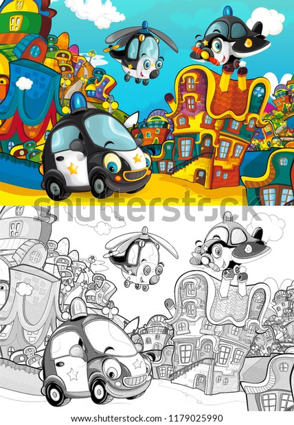 cartoon scene with\
different cars and other vehicles moving through the city street -\
car plane and helicopter - with artistic coloring page -\
illustration for\
children