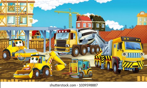 cartoon scene with different construction site vehicles - illustration for children - Powered by Shutterstock