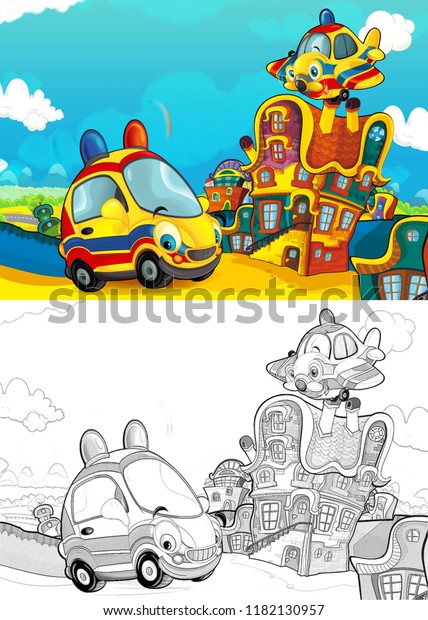 cartoon scene with different vehicles in the\
city car and flying machine - ambulance plane - with artistic\
coloring page - illustration for\
children