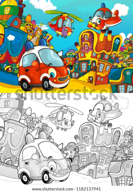 cartoon scene with different\
vehicles in the city car and flying machines - fireman plane and\
helicopter - with artistic coloring page - illustration for\
children