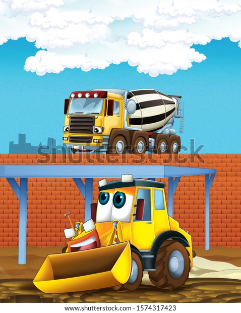 cartoon
scene with digger excavator and concrete mixer or loader on
construction site - illustration for
children