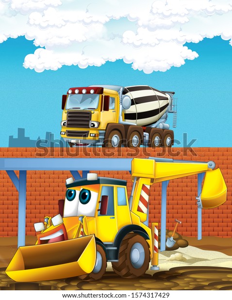 cartoon\
scene with digger excavator and concrete mixer or loader on\
construction site - illustration for\
children