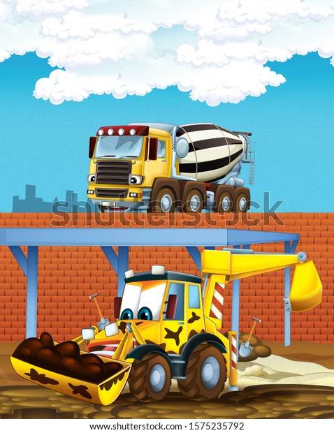 cartoon\
scene with digger excavator and concrete mixer or loader on\
construction site - illustration for\
children