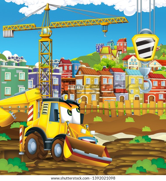 cartoon scene with digger\
excavator or loader on construction site - illustration for the\
children