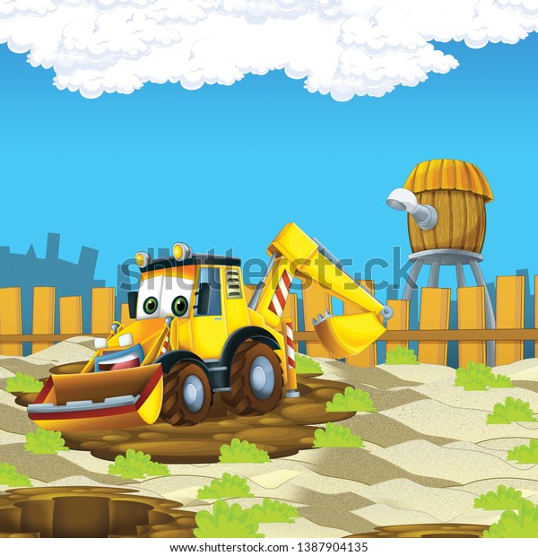 cartoon scene with digger on construction site -\
illustration for the\
children