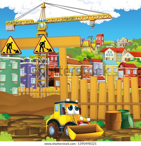 cartoon scene with digger on construction site -\
illustration for the\
children