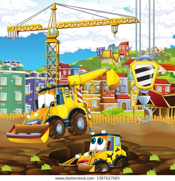 cartoon scene with diggers\
on construction site father and son - illustration for the\
children