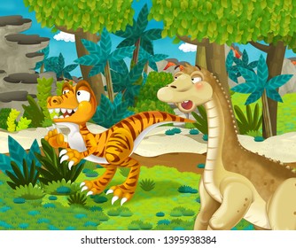 cartoon scene with dinosaur apatosaurus diplodocus brontosaurus with some other dinosaur in the jungle - illustration for children - Shutterstock ID 1395938384