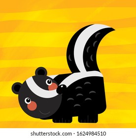 Cartoon Scene With Farm Animal Skunk On Yellow Stripes Illustration
