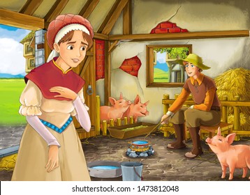 子ども用の納屋の豚のイラストで 農夫の牧師や変装した王子と女性または妻を描いた漫画のシーン のイラスト素材