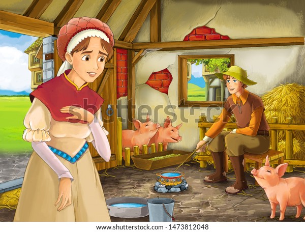 子ども用の納屋の豚のイラストで 農夫の牧師や変装した王子と女性または妻を描いた漫画のシーン のイラスト素材