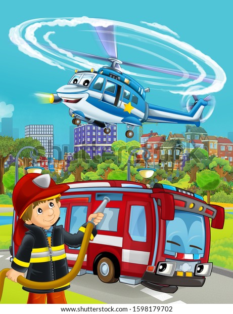 cartoon scene with fire\
brigade car vehicle on the road and fireman worker - illustration\
for children