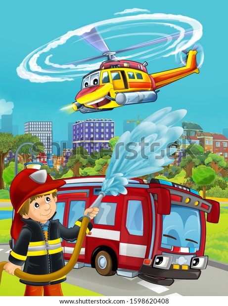 cartoon scene with fire\
brigade car vehicle on the road and fireman worker - illustration\
for children